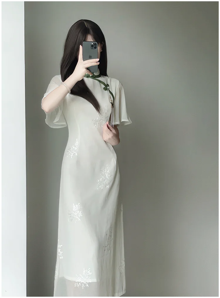 Women White Chiffon Embroidered Inverted Long Sleeve Qipao 2023 Summer New Cheongsam Chinese Style Girl Wen Wan Lady Dress - Seprincess