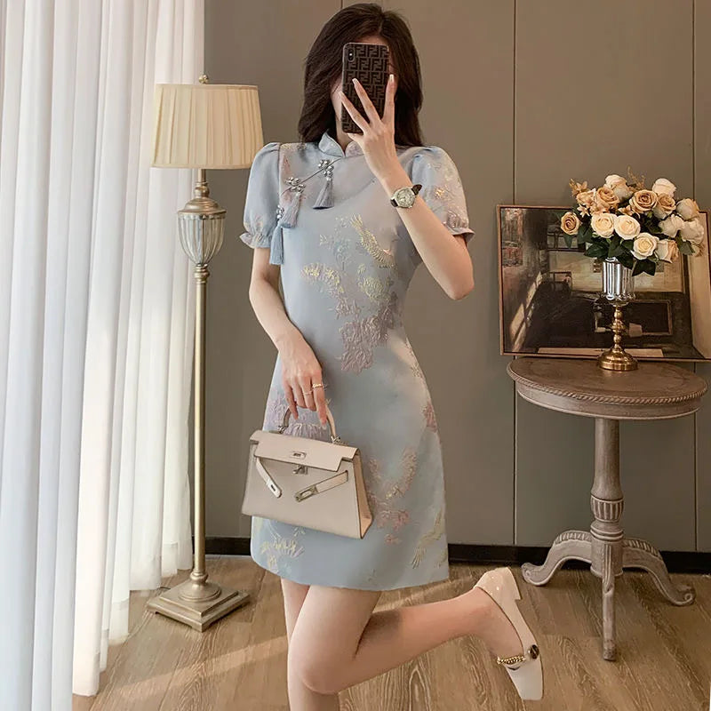 Chinese Style Elegant Cheongsams Dress Summer Women Vintage Floral Embroidery Qipao Mini Dress Lady Chic Tassels Slim Vestidos - Seprincess