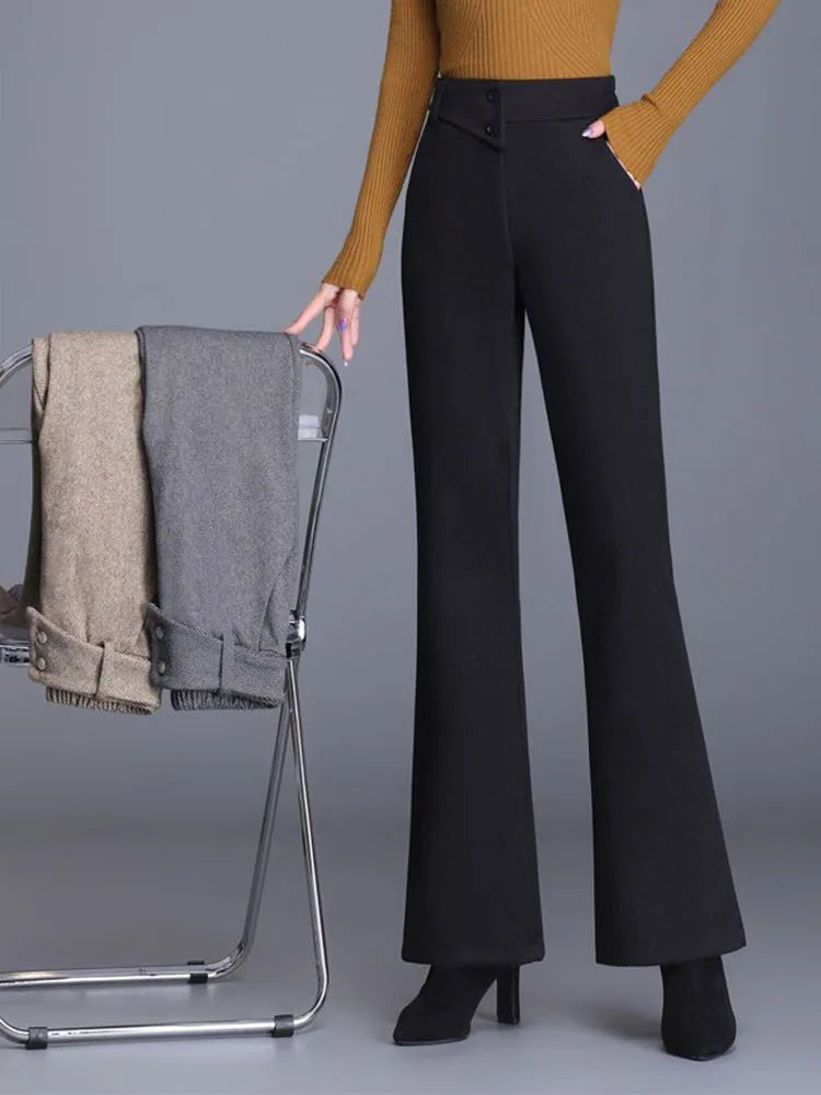 Winter Warm Slim Velvet Lined Flare Pants Women Elastic High Waist Thicken Woolen Wide Leg Pantalones Casual Wool Blend Calca