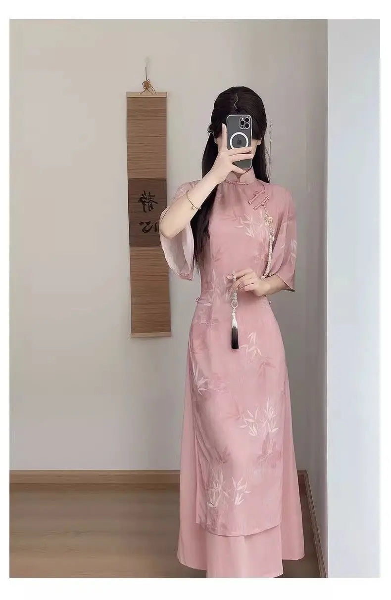 New Chinese Style Pink Qipao Dress 2024 Vintage Cheongsam Young Oriental Lady Evening Dress Summer Daily Vestido - Seprincess