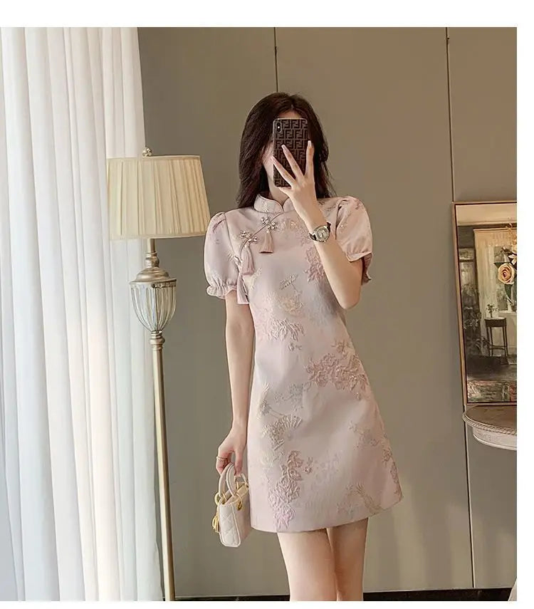 Chinese Style Elegant Cheongsams Dress Summer Women Vintage Floral Embroidery Qipao Mini Dress Lady Chic Tassels Slim Vestidos - Seprincess