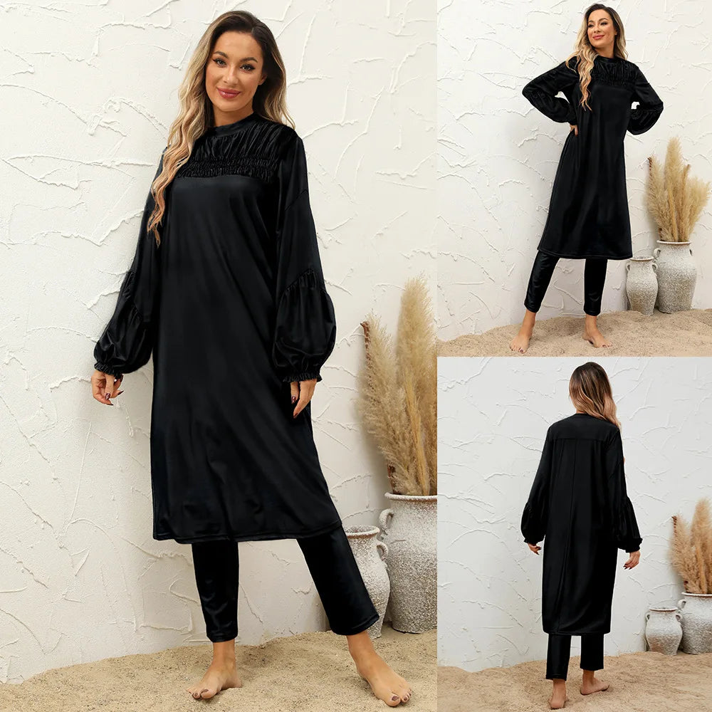 2024 Summer Dubai Modest Abaya 3 Piece Set Black Burkini Muslim Mujer Swimwear Women With Swim Cap Robe Femme Musulmane Clothing - Seprincess