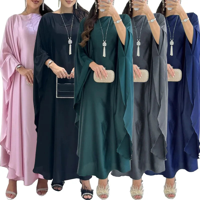 Shiny Satin Abaya Butterfly Dress Simple Saudi Muslim Abayas Dubai 2024 Luxury African Dresses for Women Turkish Islamic Clothes - Seprincess