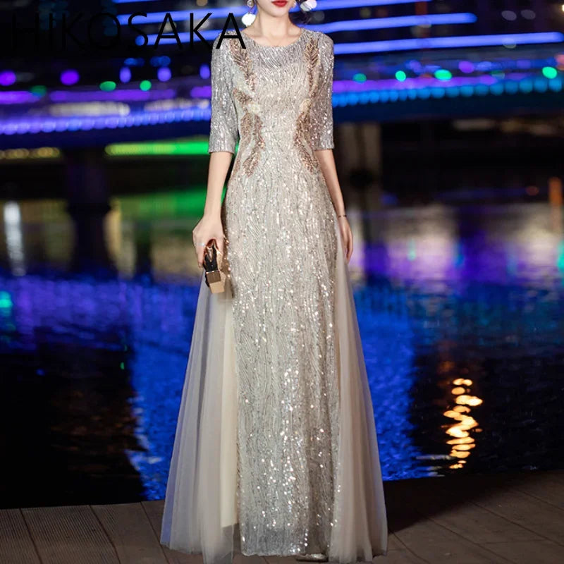 Elegant Sequins Long  Evening Dress A Line O Neck with Appliques Elegant Party Dress for Women Formal Occasion Dress Prom Gown - Seprincess