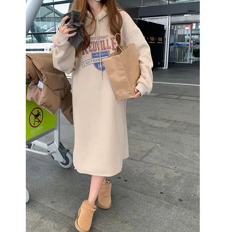 Autumn Winter Women Fleece Thicken Hooded Dress Print Letter Drawstring Korean Fashion Loose Midi Side Slit Oversized Dresses - Seprincess