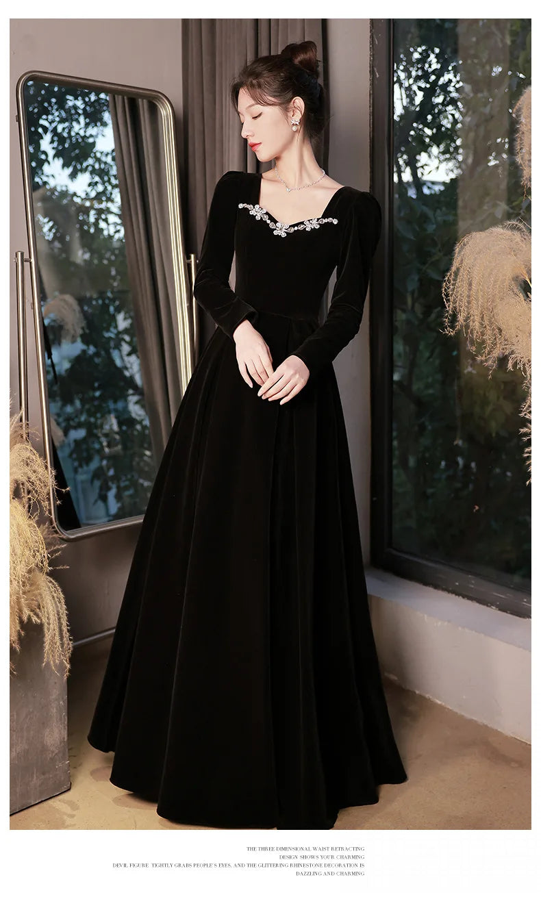 Autumn Winter Black Evening Dress Women Elegant  Luxury Velvet Long Sleeve A-line Party Dresses French Beadding Prom Gown - Seprincess