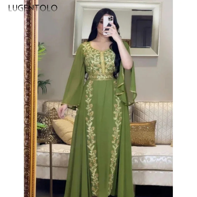 Women Caftan Robe Evening Dress Embroidery Party Chiffon Middle East Lady Elegant Lace Up Empire Big Swing Maxi Dresses - Seprincess