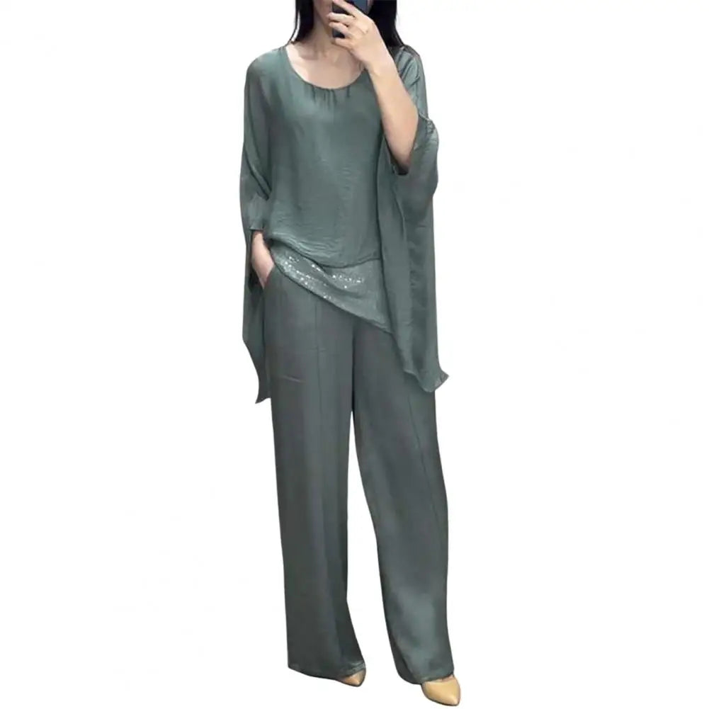 Double-layer Top Suit Stylish Women's Casual Suit with Wide Leg Pants Batwing Sleeve Top for Home Office Party Outfits Stylish - Seprincess