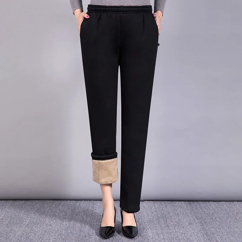 Thickened Fleece-lined Warm Loose-fit Sheep Velvet Outer Wear High-waisted Cotton Wadded Trousers Winter Sweatpants Women