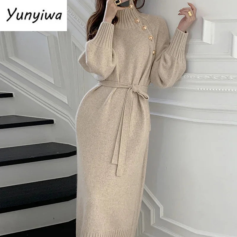 Winter Turtleneck Buttons Women Knitted Dress Elegant Full Sleeve Lace-up Female Thicken Long Dress for Sweater Autumn New - Seprincess