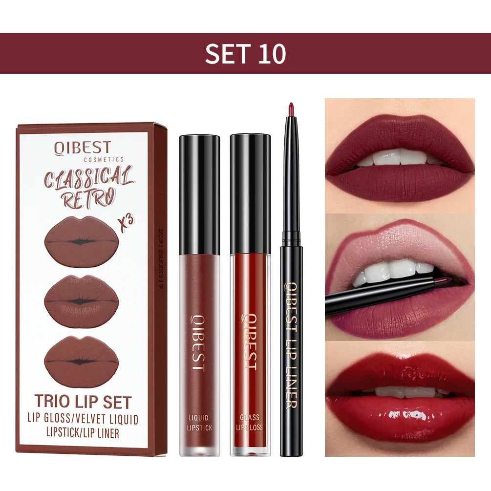 New 3pcs/set Liquid Lipstick+Lip Liner Long Lasting Cosmetic Black Brown Purple Red Matte Lip Gloss Nude Lip Tint Stain Makeup