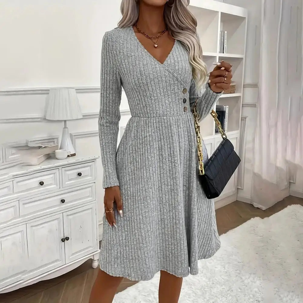 Autumn Winter Sweater Dress V Neck A-line Knitted Dress Long Sleeves Big Hem Midi Dress - Seprincess