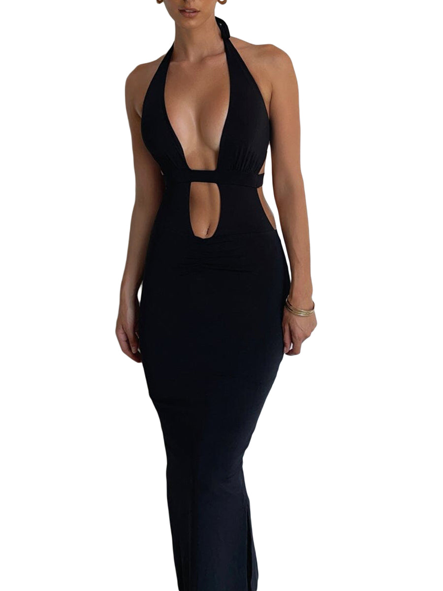 Sexy Cutout Halter Neck Backless Maxi Dress Tie-Up Black Elegant Cocktail Party Dresses for Women Clothing 2023 Autumn Fashion - Seprincess