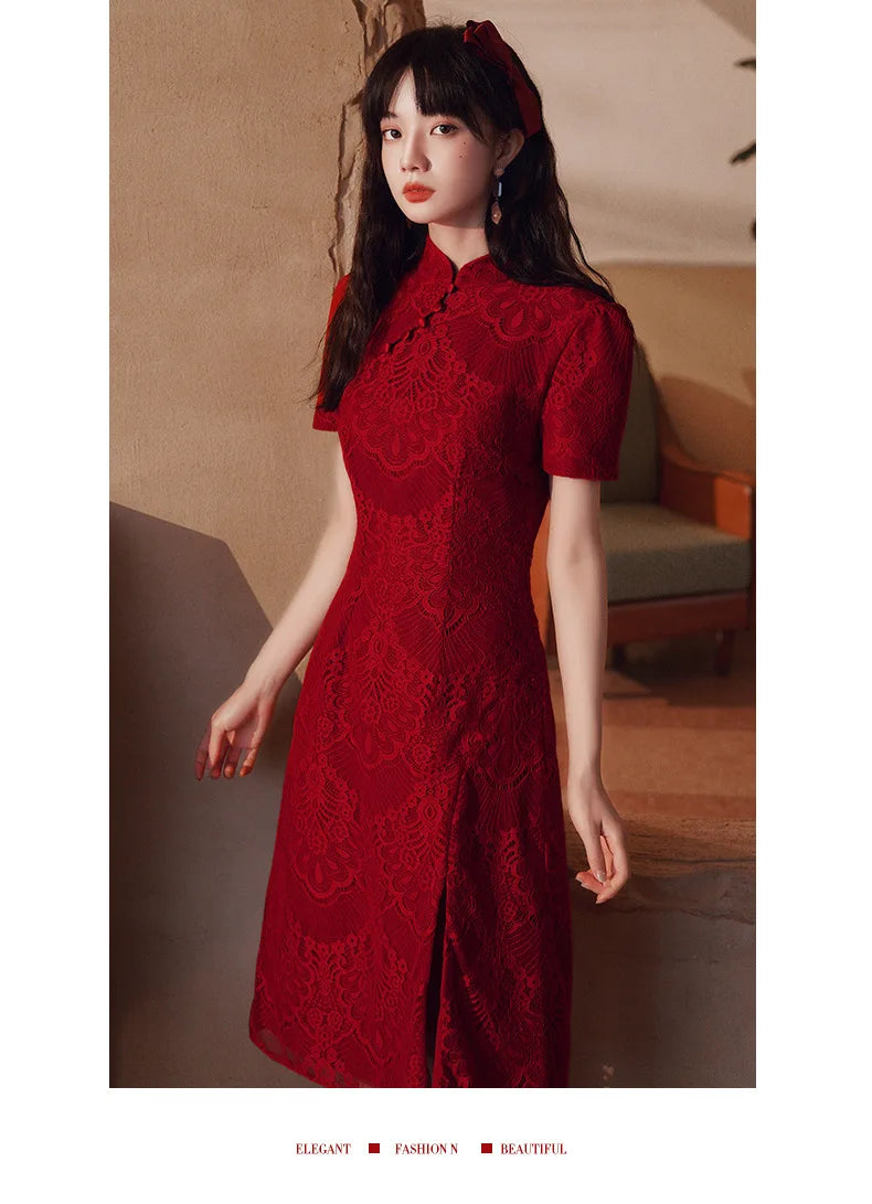 Chinese Style Red Lace Short Sleeve Cheongsam Slim Dress Elegant Traditional Evening Dresses Qipao - Seprincess