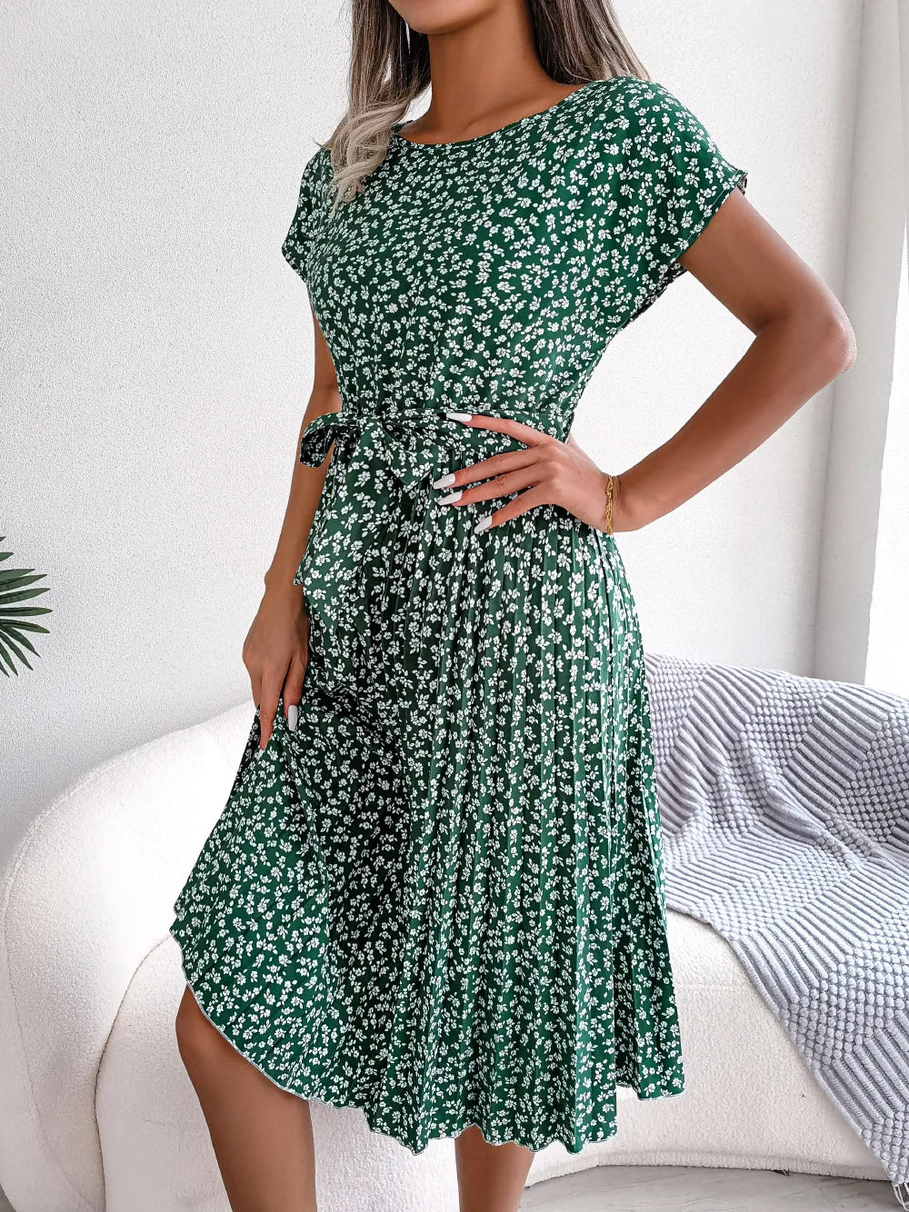 Women Spring Summer Short Sleeve High Waist Chic Dress Fashion Floral Pleated A Line Long Dress - Seprincess