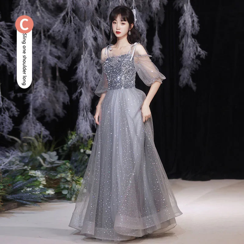 Grey Bridesmaid Evening Dress Women Off Shoulder Sequins Wedding Party Vestidos Fairy Temperament Sisters Group Gown Summer - Seprincess