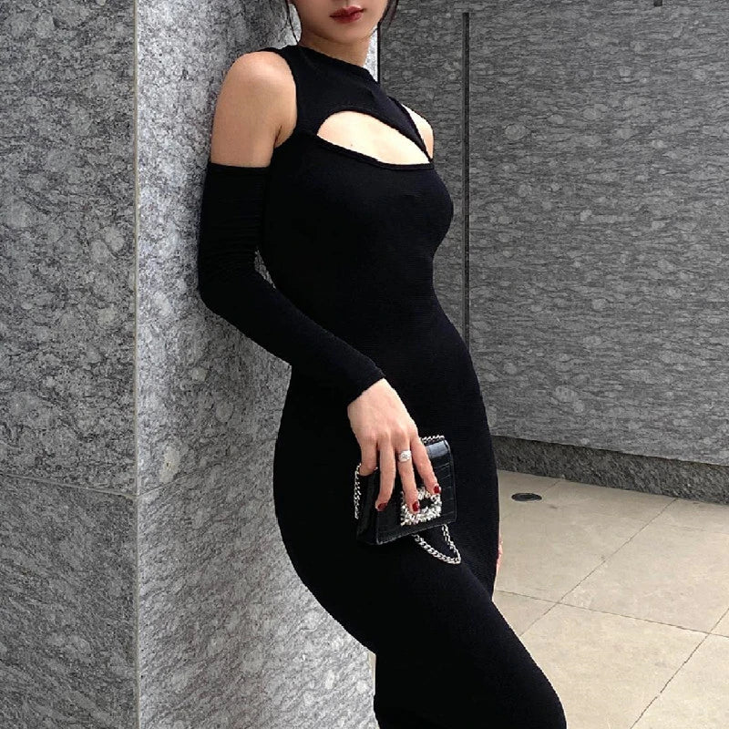 Xeemilo Elegant Hollowed Off Shoulder Maxi Dress Black Sexy Long Sleeve Split Dresses 2022 Women Slim Fitting Evening Party Robe - Seprincess