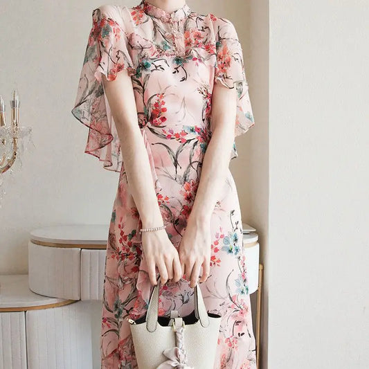 Chinese Qipao Chic and Elegant Lace short sleeve A-line Dress Retro Improved flower printing Women daily Cheongsam Dress - Seprincess