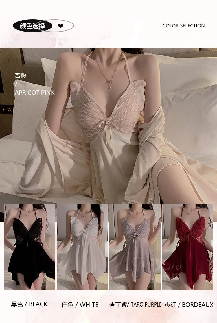 Sweet Velvet Irregular Dress Mature Charm Elegant Gentle Butterfly Chest Cup With Chest Pads Hanging Neck Dress Outer Robe CAY8 - Seprincess