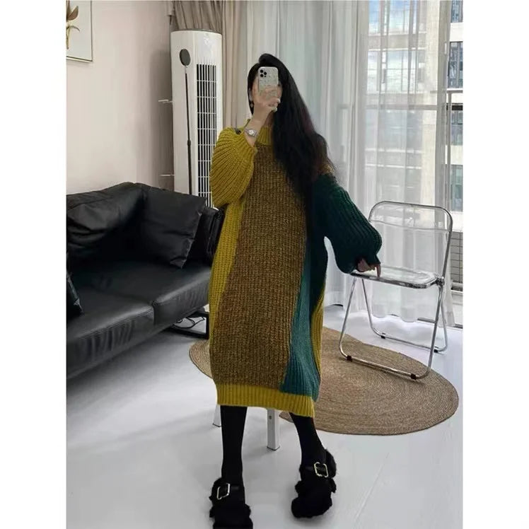 Women Clothing Chic Contrast Style Thick Knitted Dresses Winter Patchwork Vintage Korean Fashion Y2k Dresses - Seprincess