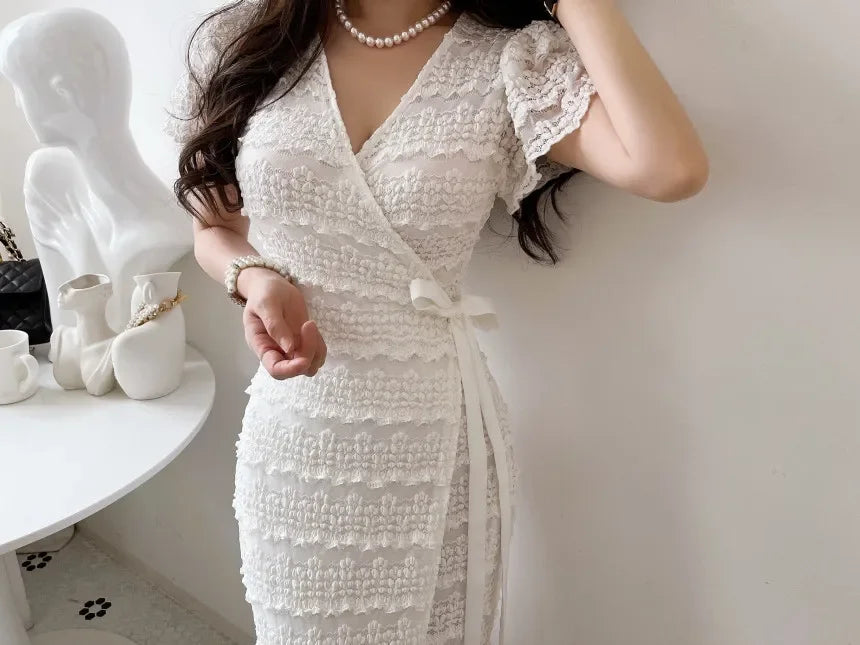 Women Elegant Bodycon Dress Summer Sexy V-neck Short Sleeve Korean Long Dresses Ladies Vintage Solid White Black Long Robe - Seprincess