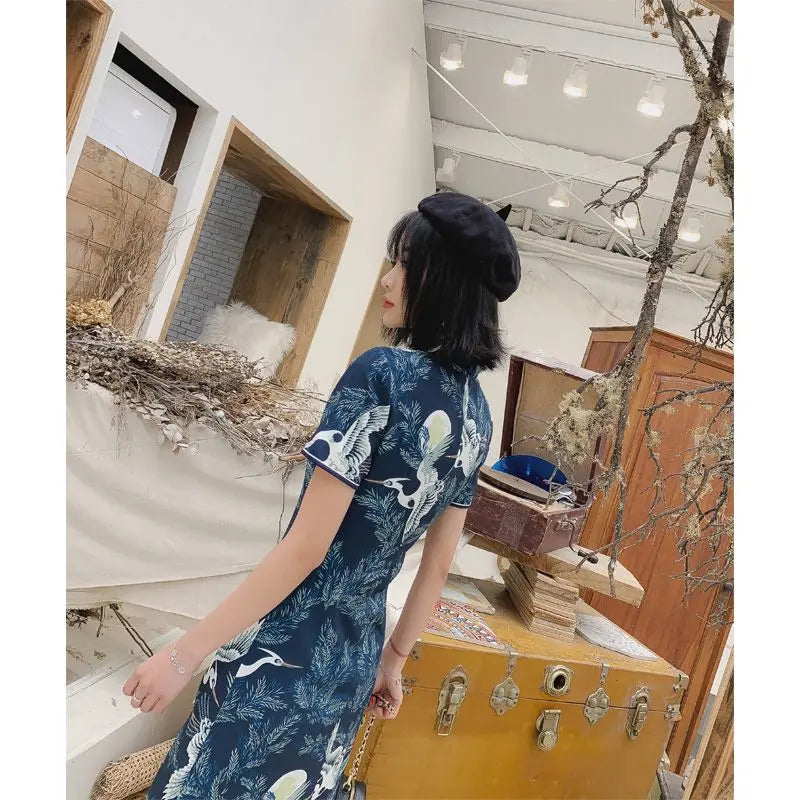 New Daily Improvement Cheongsam Dress 2024 Summer Short Sleeved Chinese Style Retro Young Style A-line Crane Print Dress Qipao - Seprincess