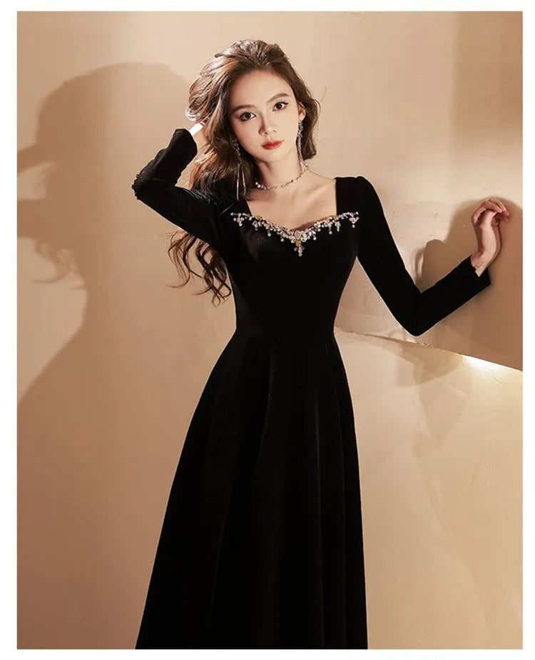 Black Dress Female Autumn Winter Solid Color Diamond Studded Bead Square Collar Long Sleeve A-line Skirt Women's Clothing M024 - Seprincess