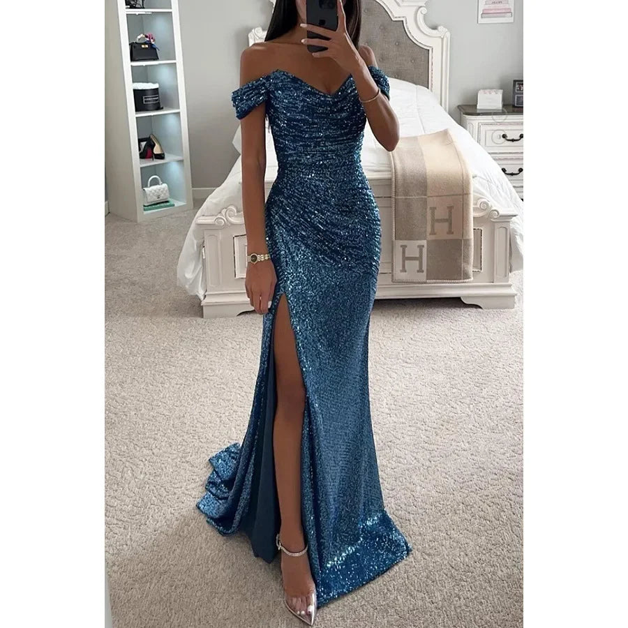 Womens Dresses New Party Sequin One Line Neckline Slit Dress Casual Fashion Dress for Women - Seprincess