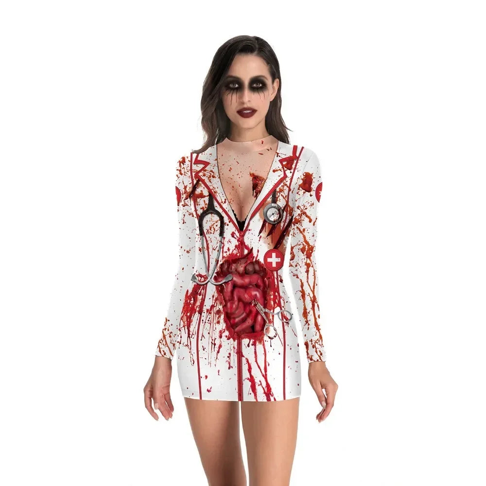 Halloween Nurse Zombie Costume Women's Clothing Crew Neck Long-sleeved Dress Women Halloween Costumes for Women - Seprincess