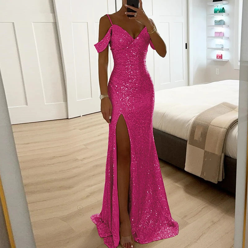 Women Elegant Shiny Sequin Solid Long Dress Fashion Hight Waist Slim Fit Party Dress Sexy V-neck Wrap Chest Split Evening Dress - Seprincess