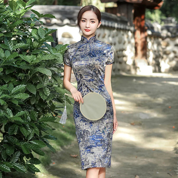 Elegant Print Female Qipao Traditional Classic Chinese Dress Asian Clothing Sexy Slim Short Cheongsam Mandarin Collar Vestidos - Seprincess