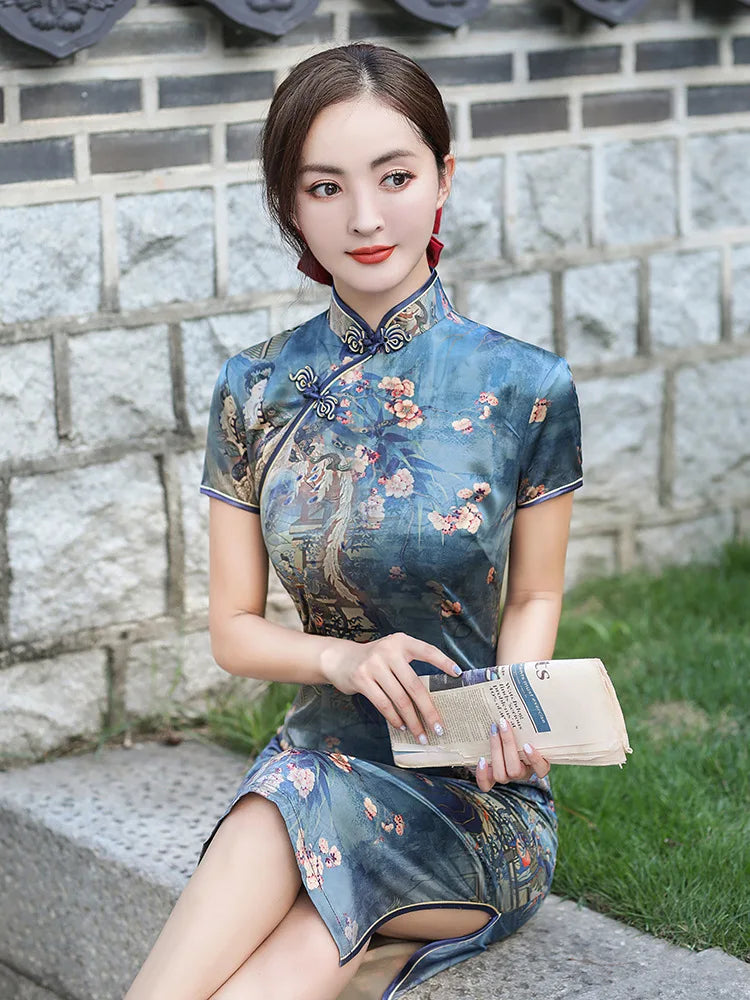 Elegant Print Female Qipao Traditional Classic Chinese Dress Asian Clothing Sexy Slim Short Cheongsam Mandarin Collar Vestidos - Seprincess