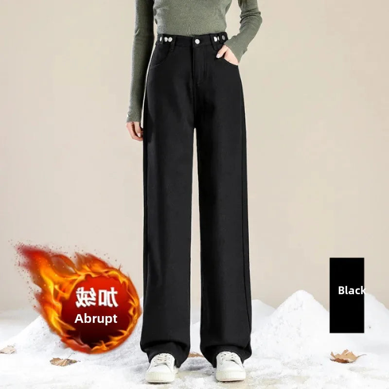 Thickened Fleece-Lined Warm Straight-Leg Jeans Design Adjustable High-Waisted Slimming Bell Bottoms Winter New Arrival