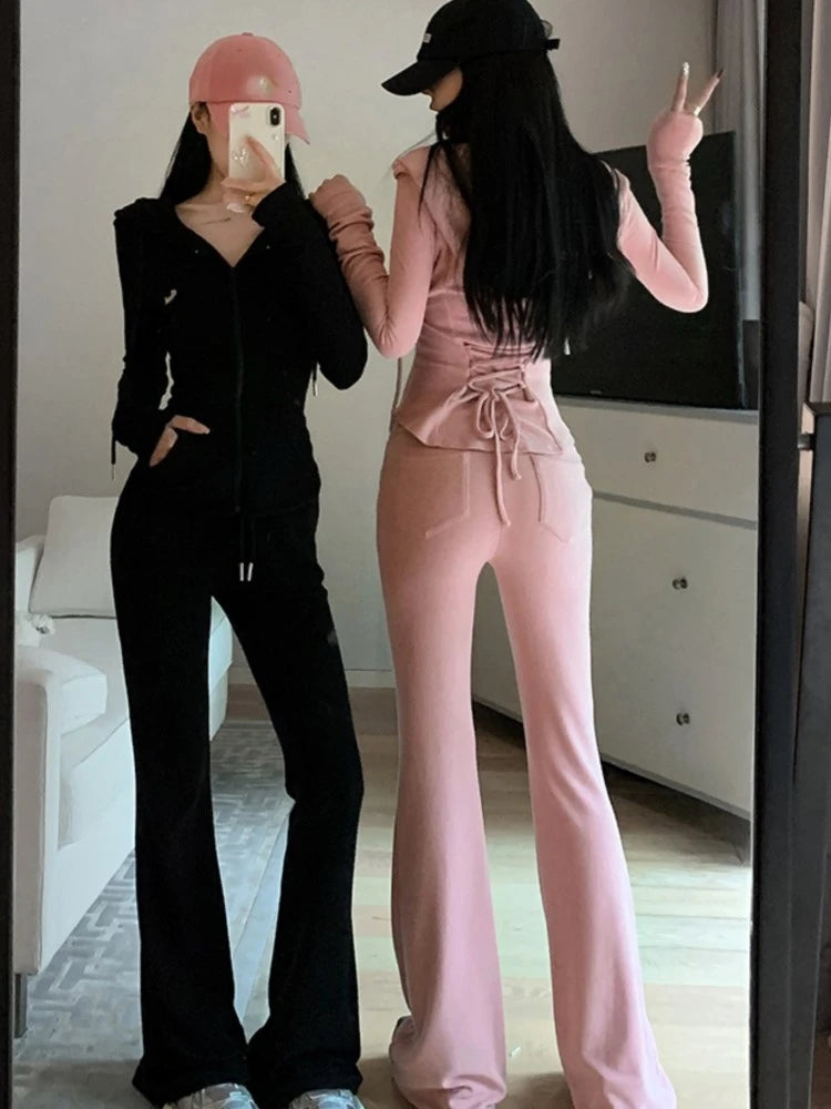 Y2K High Street Two Piece Set Tracksuit Women Hooded Zipper Jacket + Drawstring Wide Leg Pants Korean Fashion Solid Slim Outfits - Seprincess