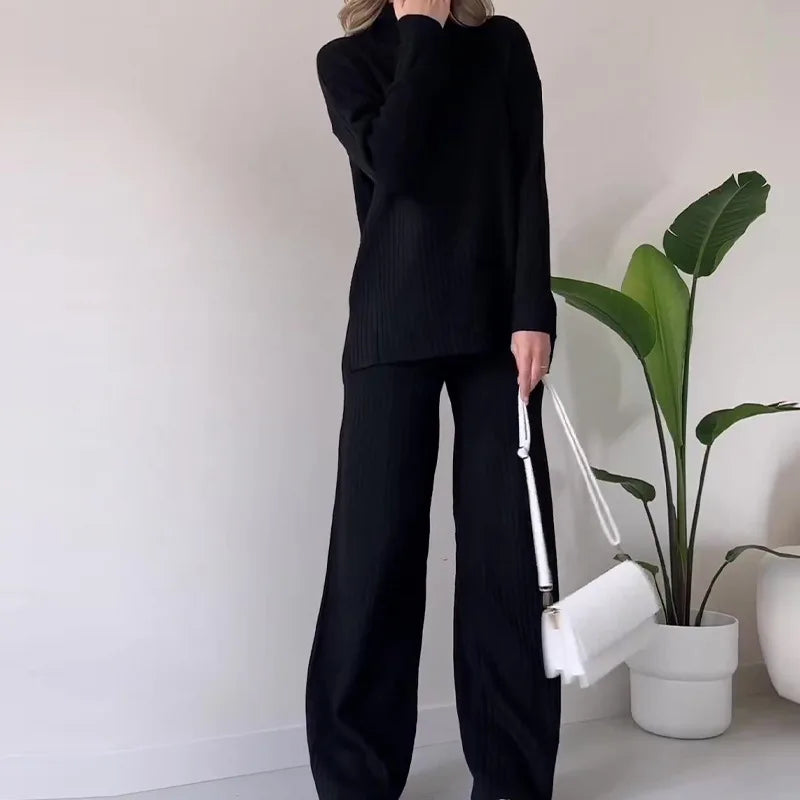 Women Knitted Two-piece Set Casual Loose Women's Home Suit With High Collar Top Wide Leg Trousers Knitting 2 Piece Outfit Winter - Seprincess