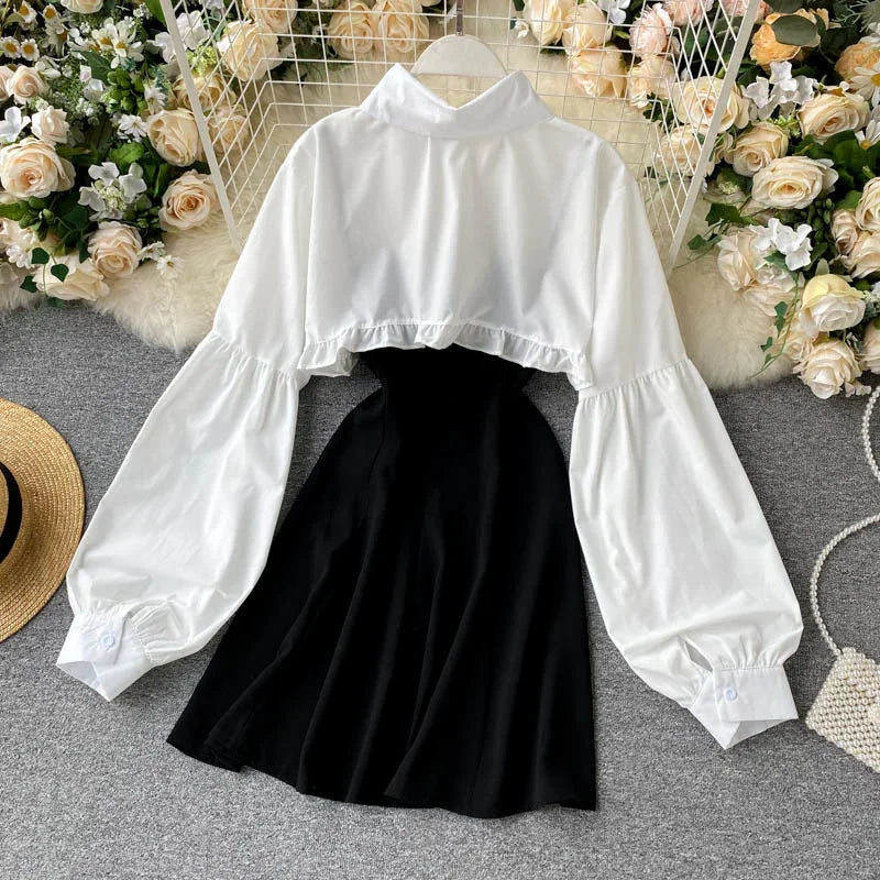 Autumn Women Sexy Black Spaghetti Strap Dress and White Long Sleeve Blouses Crop Tops Korean Fashion Mini Vestidos - Seprincess