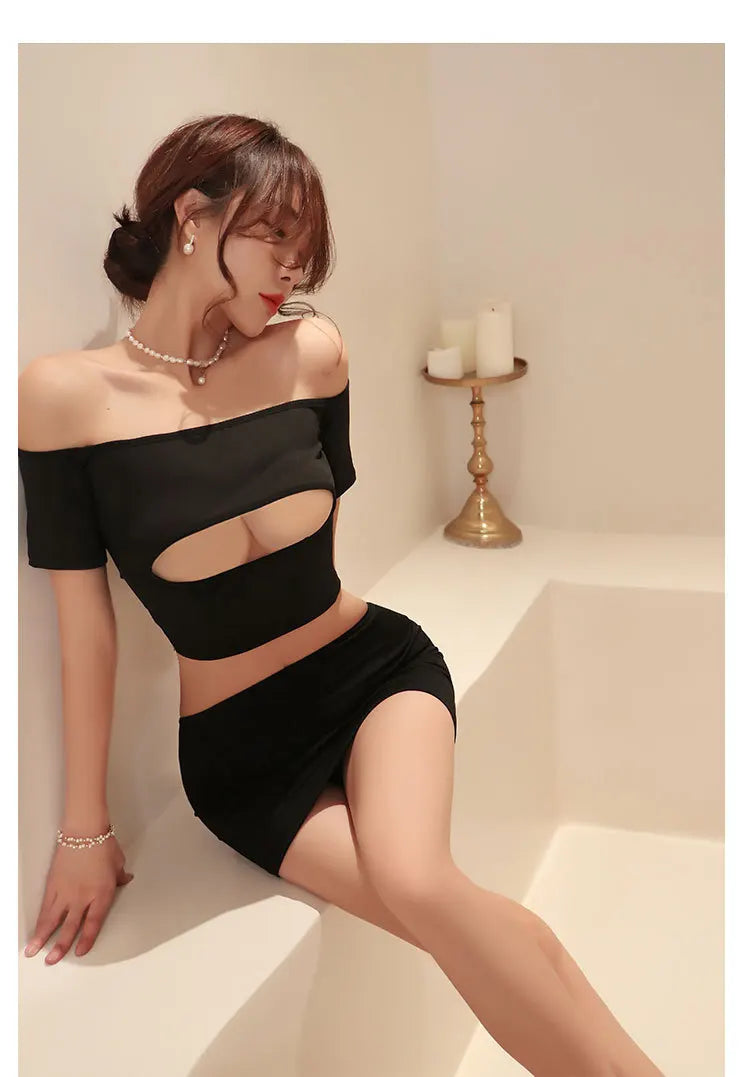 Erotic lingerie Shoulderless Temptation Deep V Bare Milk Two Piece Set women fancy underwear 18 sexy game train men tight xxx - Seprincess