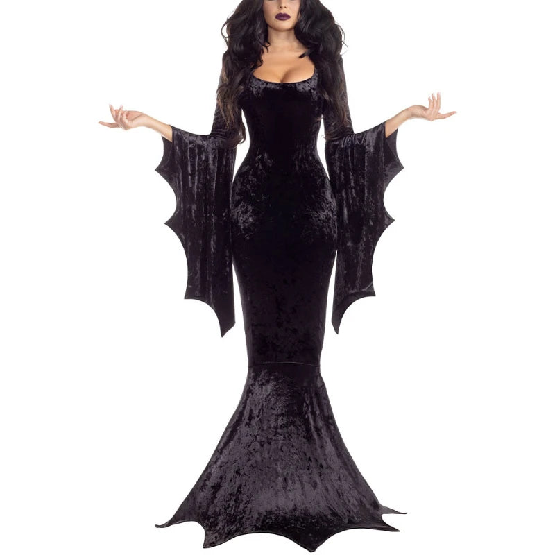 Halloween Cosplay Gothic Witch Ghost Bride Vampire Costume Winter Trumpet Sleeves Evil Witch Dress Adams Family Fishtail Dress - Seprincess