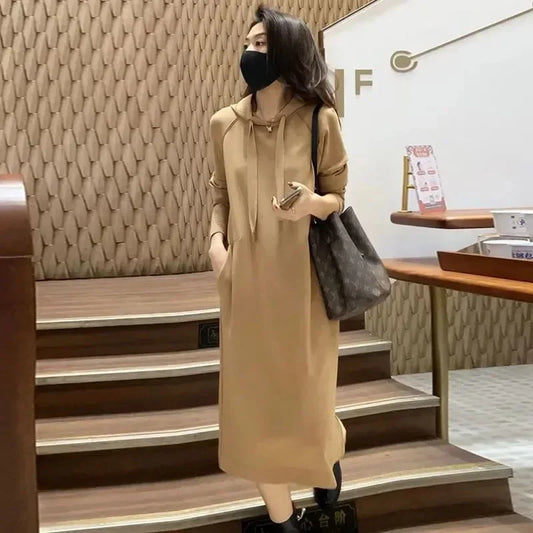 Autumn and Winter Hooded Knee Length Slimming Dress Women's Korean Version Solid Color Plus Size Slim Fit Hoodie Dress - Seprincess