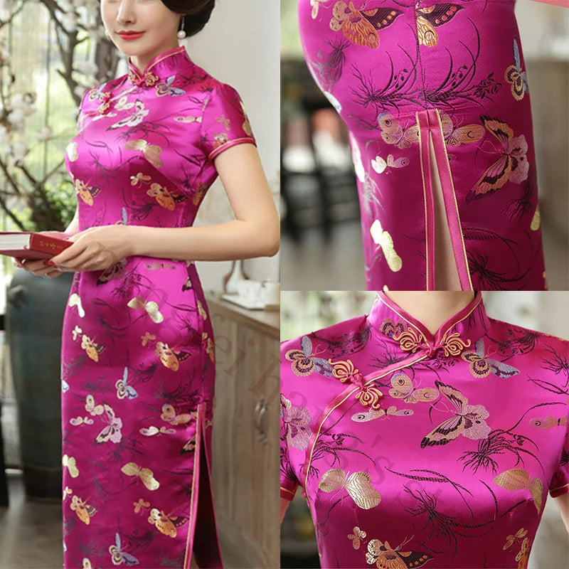 Spring Summer New Satin Qipao Pink Butterfly Print Cheongsams Women Elegant Long Dress Chinese Tradition Dresses Sexy Vestidos - Seprincess