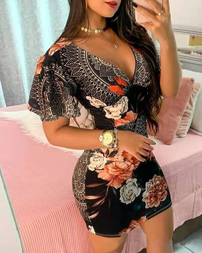 Summer Elegant Floral Print Bodycon Mini Dress Women 2024 Fashion Sexy Deep V-neck Package Hip Dresess Office Lady Party Dress - Seprincess