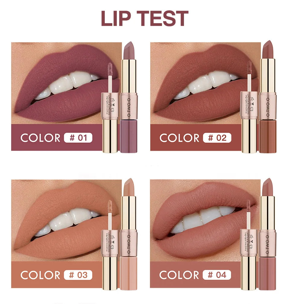 O.TWO.O 2 IN 1 Matte Lipstick&Liquid Lipstick 12 Colors Makeup Lip Glaze Waterproof Batom Lip Cosmetics Silky Texture - Seprincess