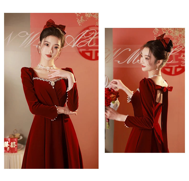 Burgundy Velvet Prom Dresses Square Collar Long Sleeve Pearl Crystal Long Engagement Dress Plus Size Female Formale Gowns - Seprincess