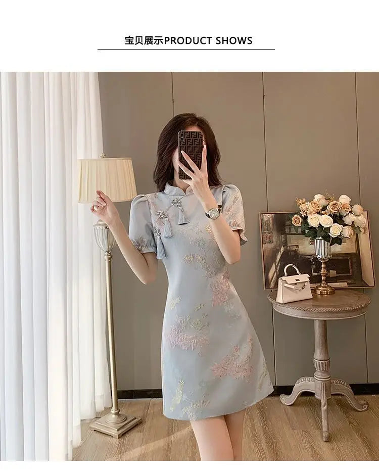 Chinese Style Elegant Cheongsams Dress Summer Women Vintage Floral Embroidery Qipao Mini Dress Lady Chic Tassels Slim Vestidos - Seprincess