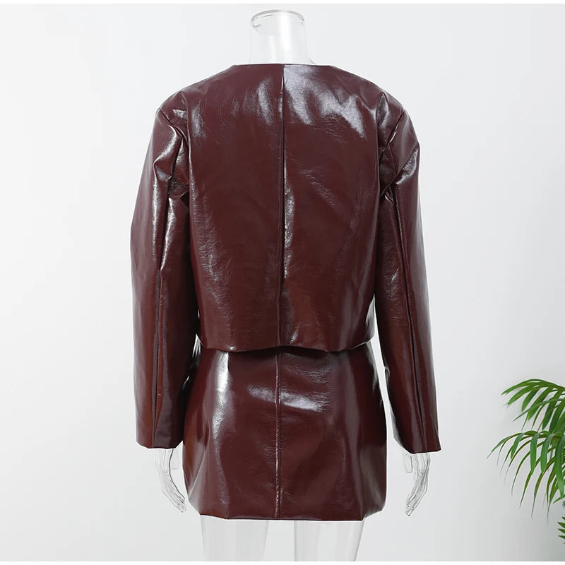 Pu Leather Long Sleeve Jacket Button Hip Mini Skirt Suits Women New Solid Slim Outfits Female Fashion Vintage 2 Piece Set 2024 - Seprincess