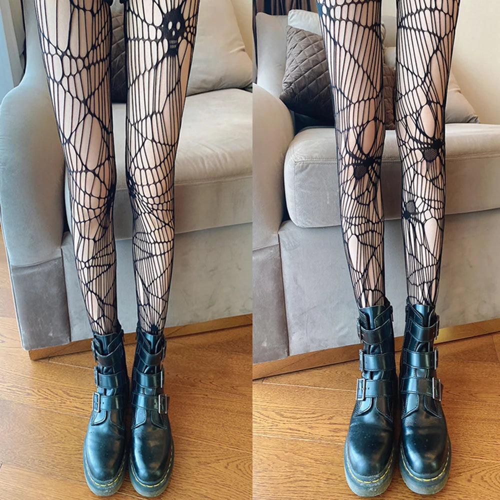 Hollow Out Mesh Tight Stockings Halloween Fishnet Sexy Pantyhose Skull Spider Web Patterned Nylon Stretchy Gothic Dark Pantyhose