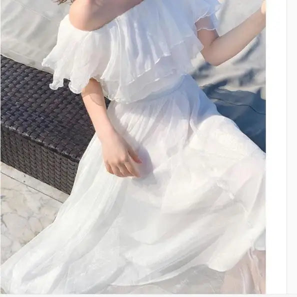 Women's Summer Beach Style Chiffon White Long Dress Lady Graceful Fairy Layers Ruffles Off-Shoulder Dresses Evening Party Gown