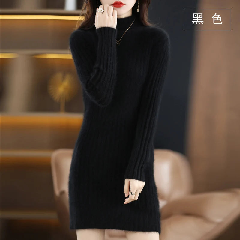 Women's High Collar Winter Warm Long Sleeve Solid Mink Cashmere Korean Version Loose Luxury Soft Cashmere Knitted Fit Dress - Seprincess