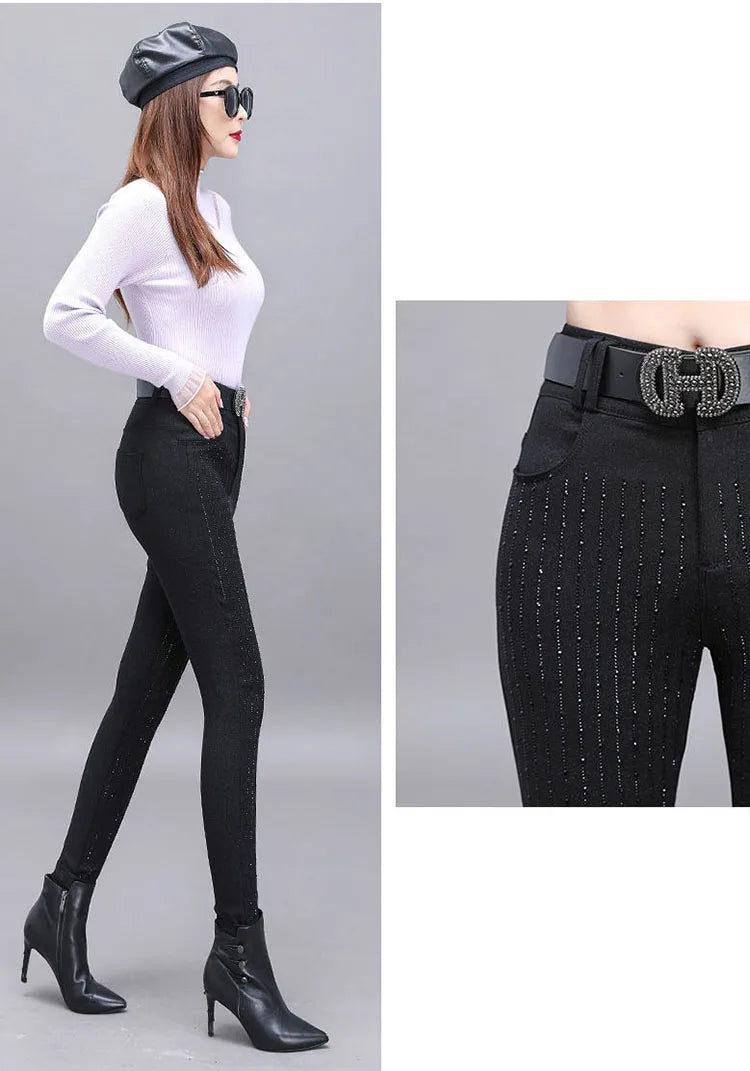 Rhinestone Black Denim Pencil Pants Women's Jeans Autumn New European Elastic Slim Fit High Waisted Strech Jean Pants for Women