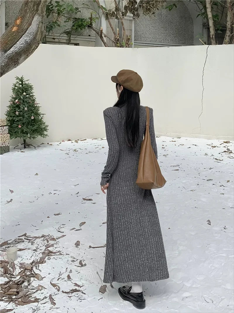 Vintage Versatile Knitted Long Sleeve Dress Women's Slimming A- line Skirt Autumn/winter Waist-fitted Long Dress